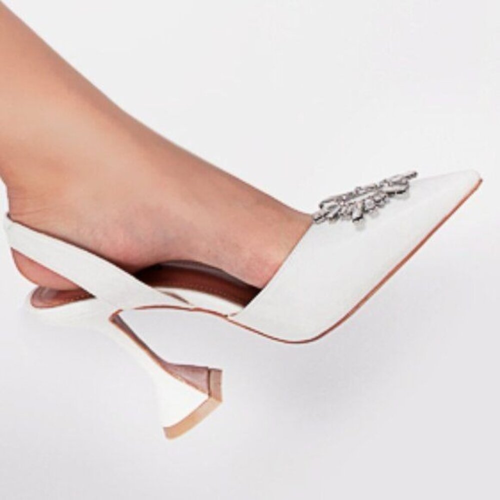 MICXKLZO White Slingback Pointed Toe High Heels Slip On Heeled Sandals Shoes